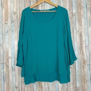 Soft Surroundings 1X Teal Gauze Gauzy Layered Bell Sleeve Top Blouse Lagenlook